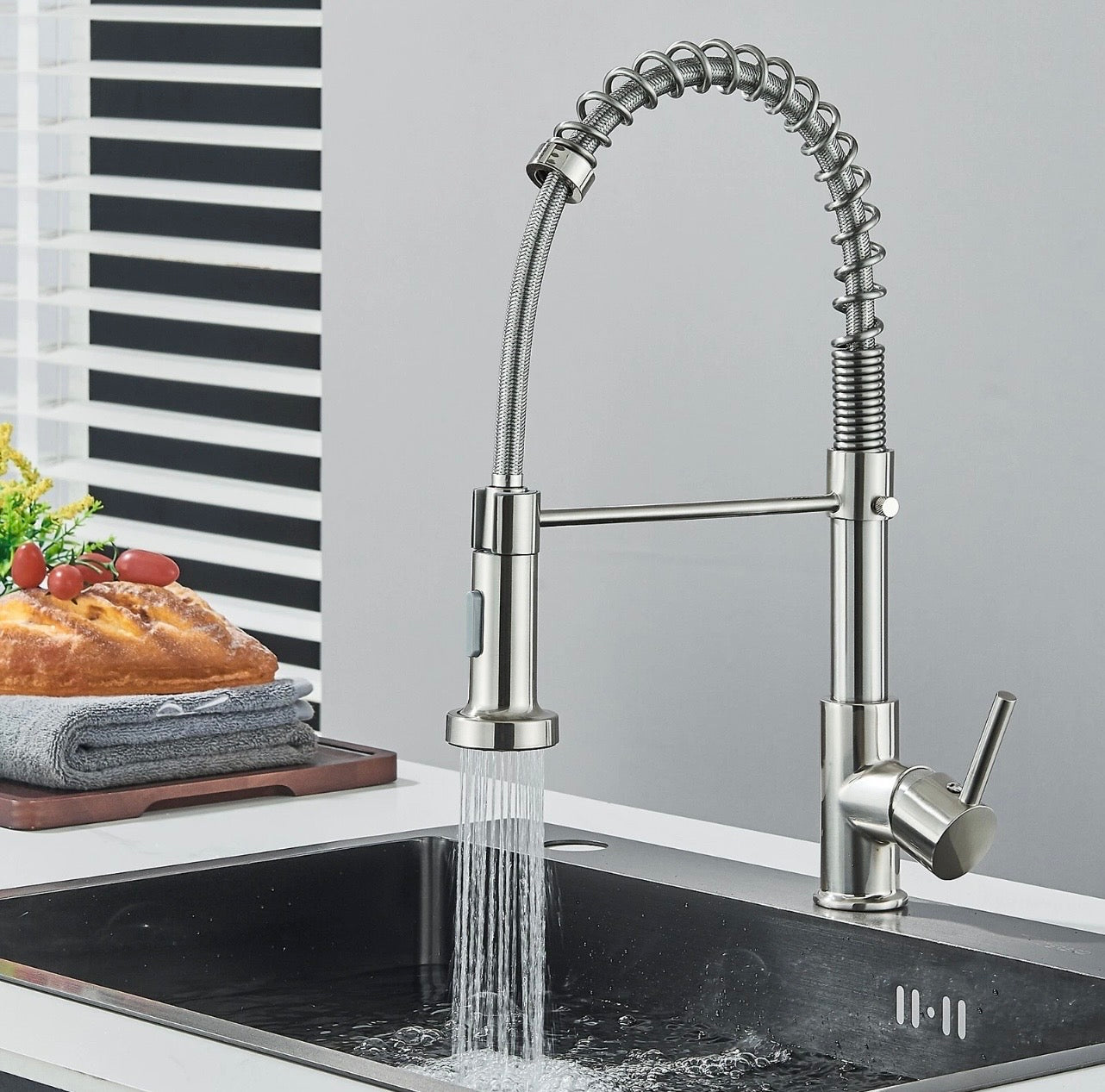 #1572 BRUSHED NICKEL SPRING PULL-DOWN KITCHEN FAUCET WITH DUAL SPRAY HEAD