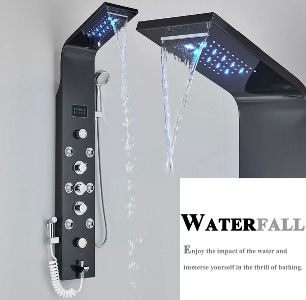 #1286 BLACK STAINLESS STEEL LED 6-FUNCTION SHOWER PANEL RAIN, WATERFALL & JETS