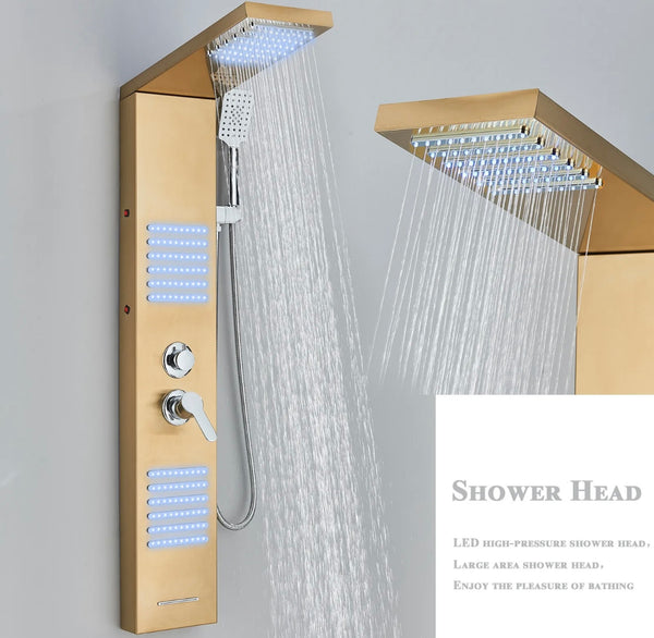#1273 LED Rainfall Shower Panel Tower Massage Shower Faucet System Set Stainless Steel