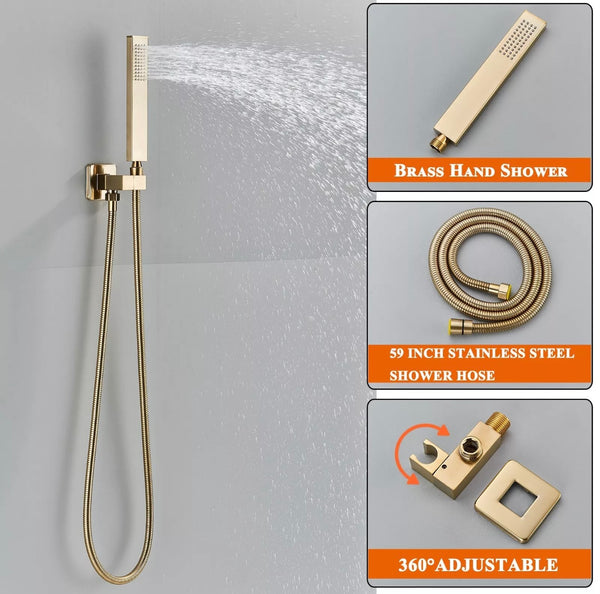 #1028 12-INCH LED BRUSHED GOLD CEILING MOUNT 3 FUNCTION SHOWER SET WITH 6X MASSAGE JETS