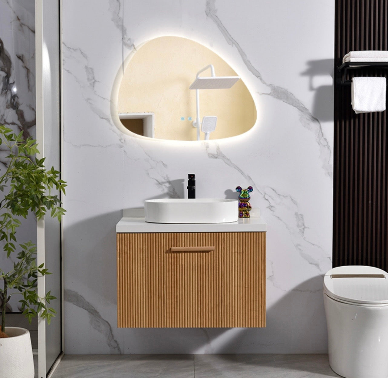 #1707 SG9238 31-Inch Wood Stripe Floating Vessel Sink Vanity Set with LED Mirror