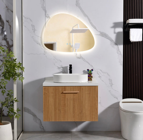#1707 SG9238 31-Inch Wood Stripe Floating Vessel Sink Vanity Set with LED Mirror