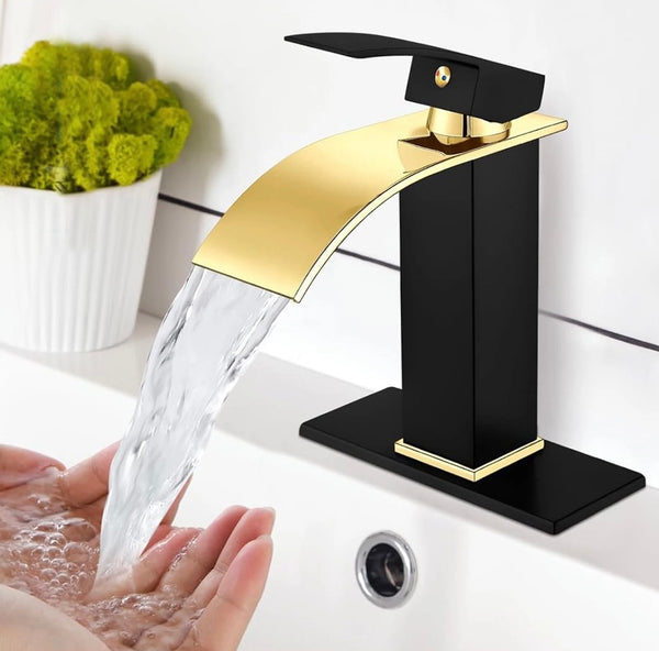 #1477 TWO TONE, BLACK & GOLD WATERFALL SPOUT VANITY FAUCET