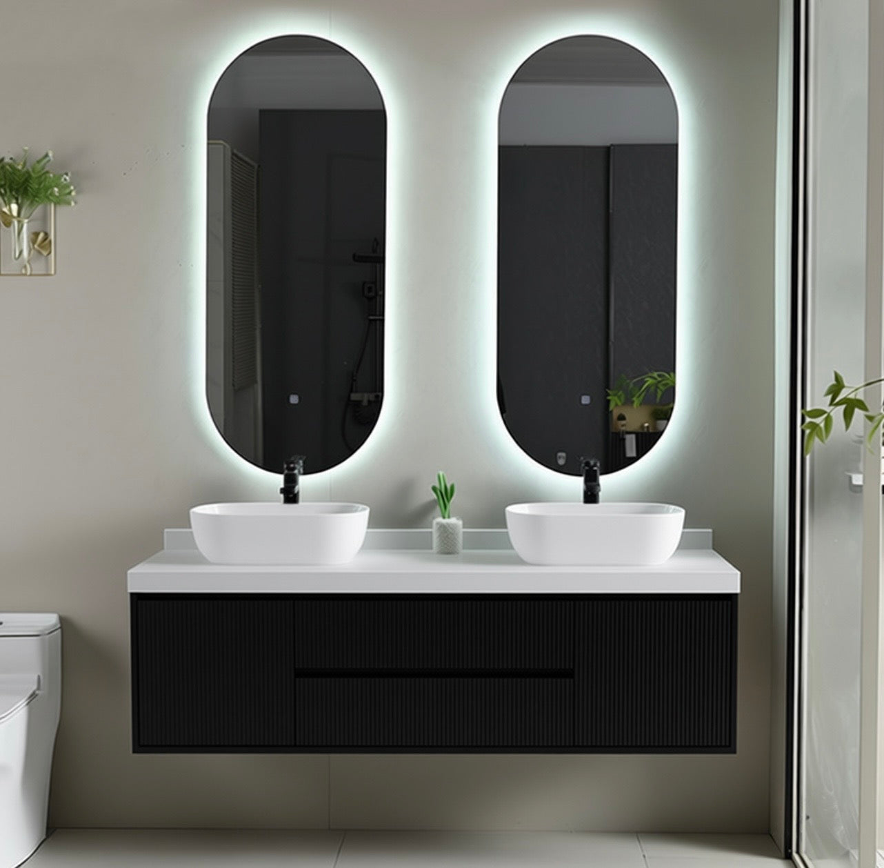#1713 SG9249 48-Inch Black Stripe His & Her Floating Vessel Sink Vanity Set with LED Mirrors