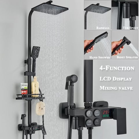 #1181 MATTE BLACK 4 IN 1 LCD TEMP BUTTON PRESS EXPOSED SHOWER SYSTEM