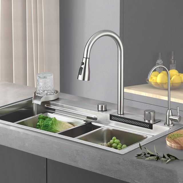 #1543 STAINLESS STEEL KITCHEN SINK COMBO WITH TAP WATER PULL-OUT FAUCET + PURIFIED WATER FAUCET, GLASS RINSER & MULTIPLE ACCESSORIES 31.5”