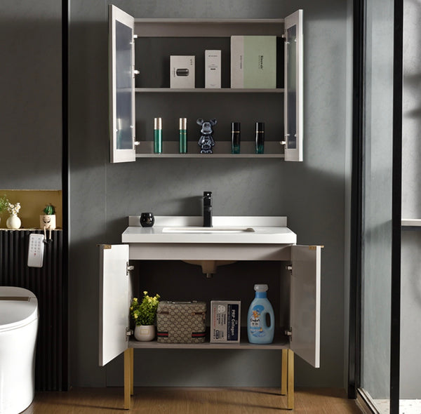 #1715 SG9250 32-Inch Stripe Modern Greige Standing Vanity Set with Mirror