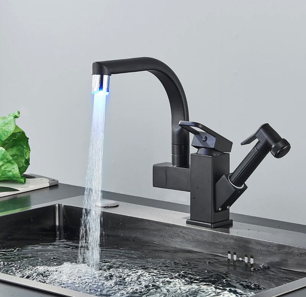 #1558 MATTE BLACK LED PULL-OUT KITCHEN FAUCET WITH SPRAYER