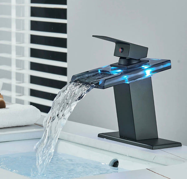 #1425 MATTE BLACK & LED GLASS WATERFALL VANITY FAUCET