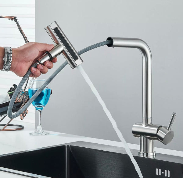 #1583 BRUSHED NICKEL PULL-OUT 4 MODES KITCHEN FAUCET