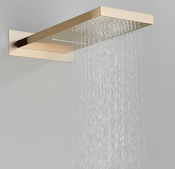 #1017 BRUSHED GOLD 2 FUNCTION RAIN & WATERFALL SHOWER HEAD THERMOSTATIC MIXER SHOWER SET