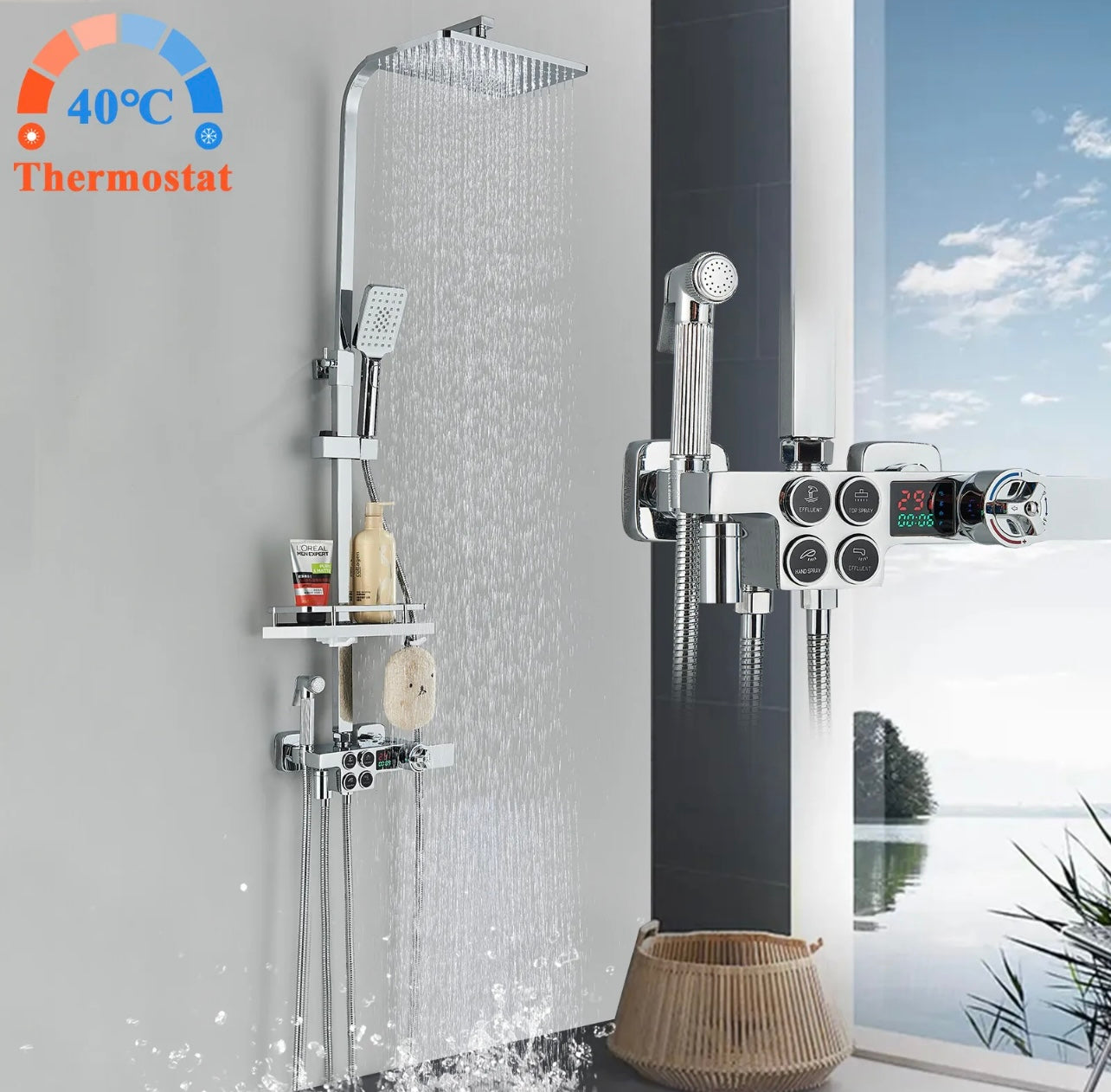 4 In 1 Rainfall Thermostatic Exposed Shower System With LCD Display