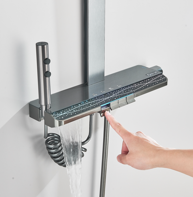 #1183 Matte Grey 4-in-1 Exposed Shower System with LCD Temperature Display with Piano Keys
