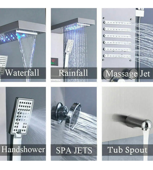 #1275 Brushed Nickel Stainless Steel LED Shower Panel 5-Funtion Tower Rain&Waterfall Massage Jets System Mixer