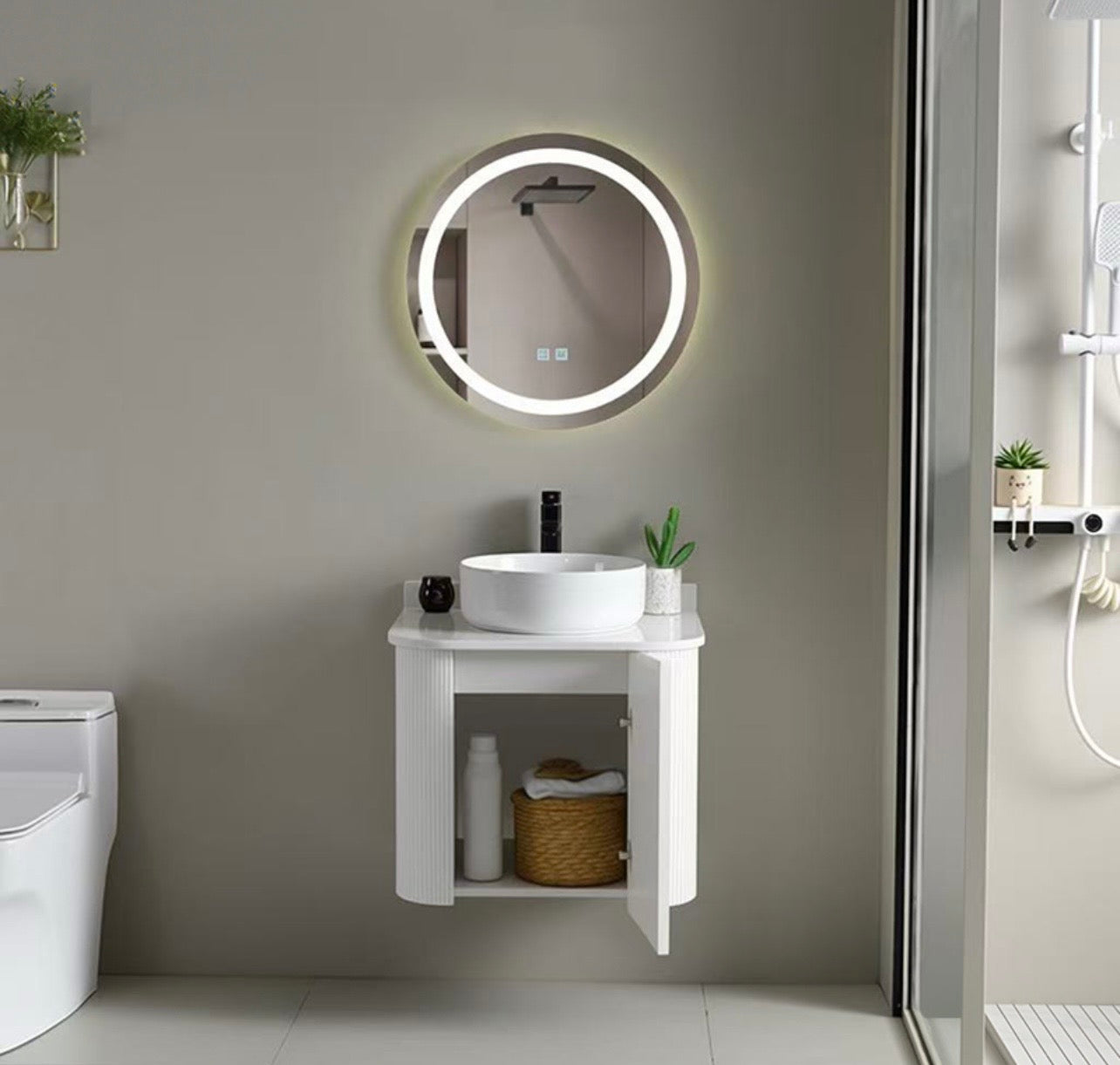 #1712 SG9246 23-Inch White Stripe Floating Vessel Sink Vanity Set with LED Mirror