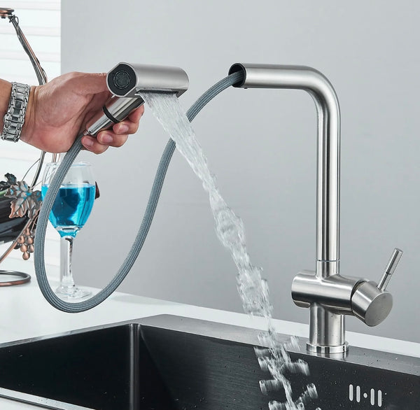 #1583 BRUSHED NICKEL PULL-OUT 4 MODES KITCHEN FAUCET