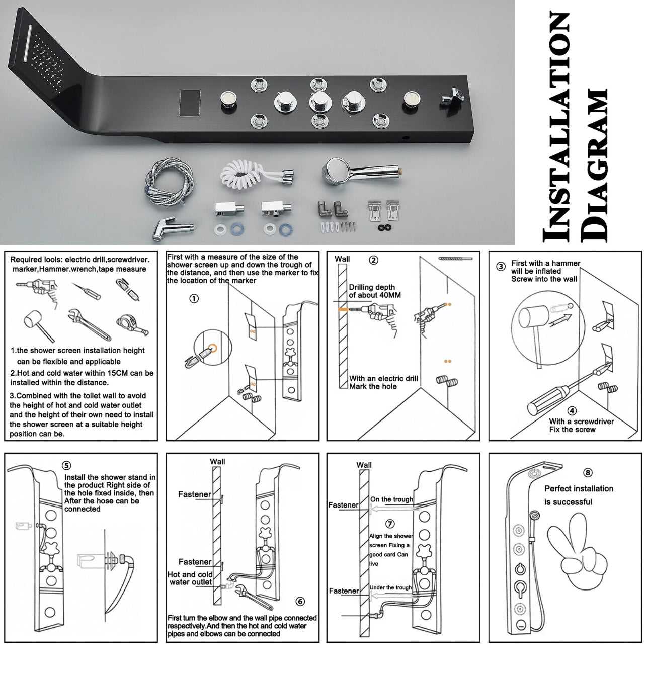 #1283 BLACK STAINLESS STEEL LED 7-FUNCTION SHOWER PANEL RAIN, WATERFALL & JETS