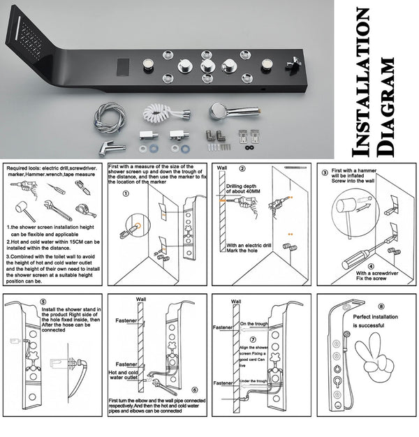 #1286 BLACK STAINLESS STEEL LED 6-FUNCTION SHOWER PANEL RAIN, WATERFALL & JETS