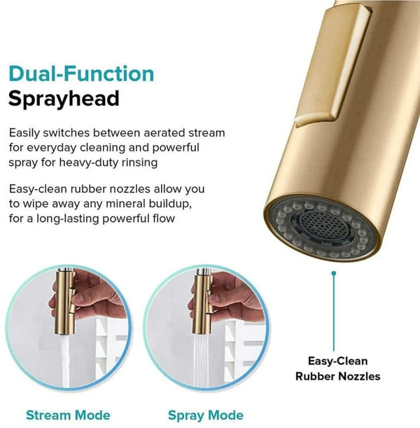 #1566 BRUSHED GOLD PULL-OUT KITCHEN FAUCET WITH DUAL SPRAY HEAD