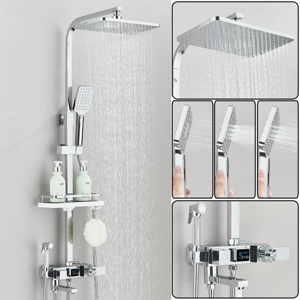 #1182 POLISHED CHROME 4 IN 1 LCD TEMP THERMOSTATIC EXPOSED SHOWER SYSTEM