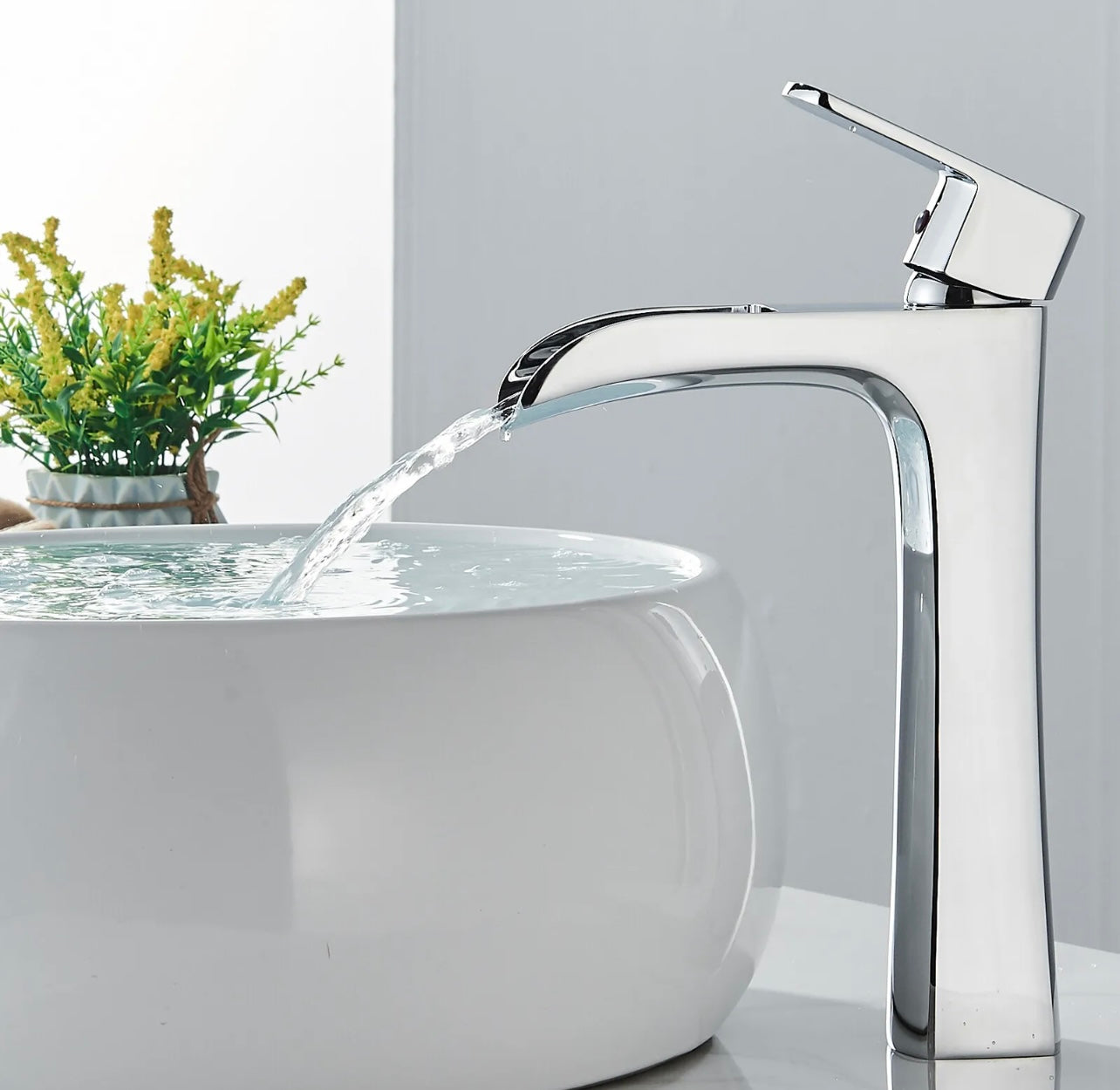 Chrome waterfall vessel faucet