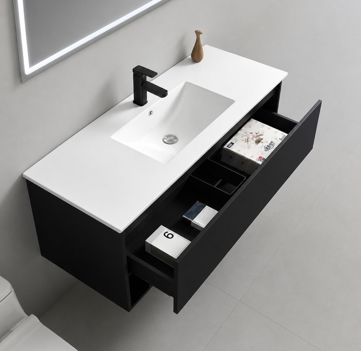 #1723 SG-9318 40-Inch Matte Black Floating Vanity Set with LED Mirror