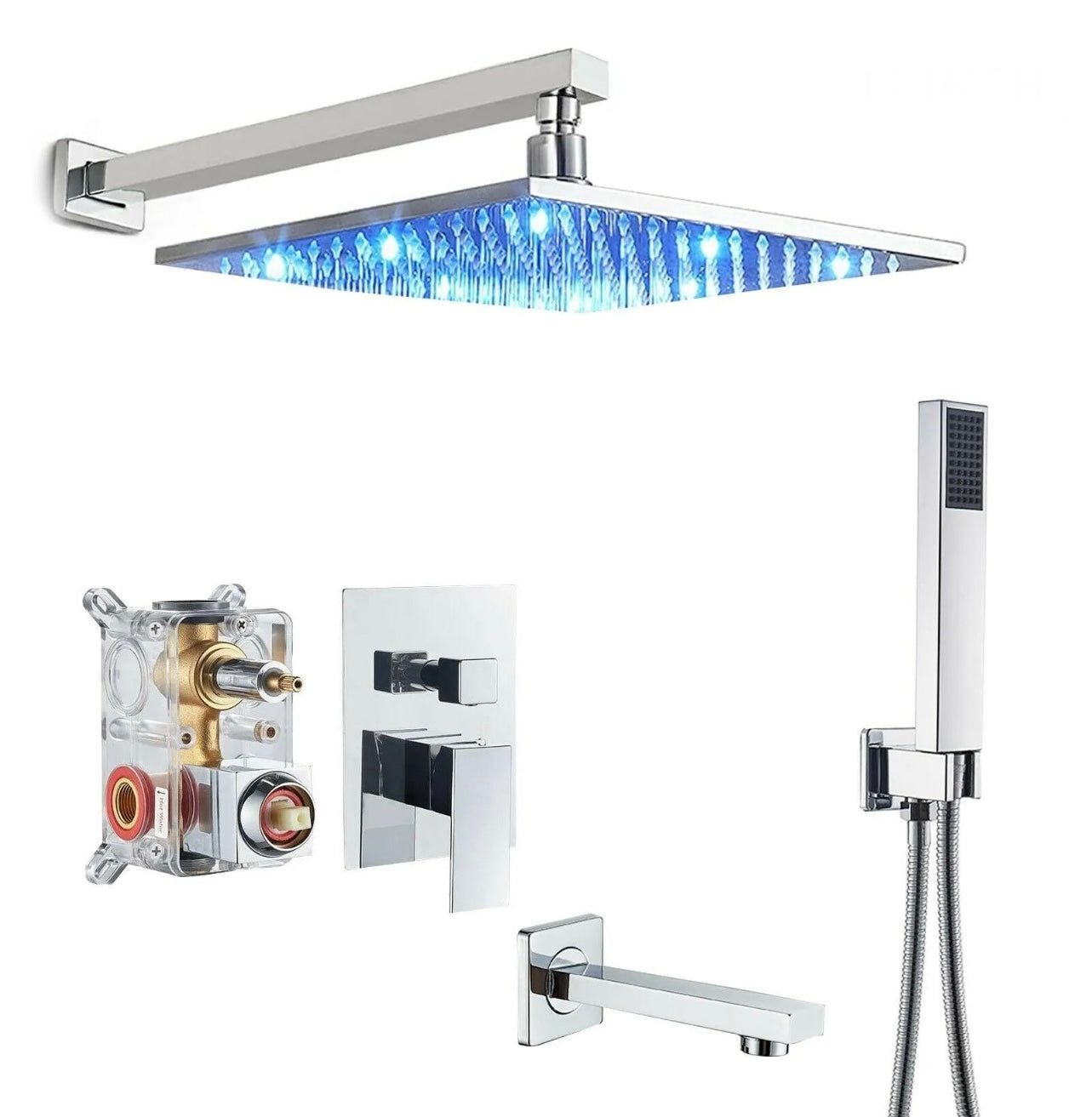 12 inch led rainfall 3 function shower system