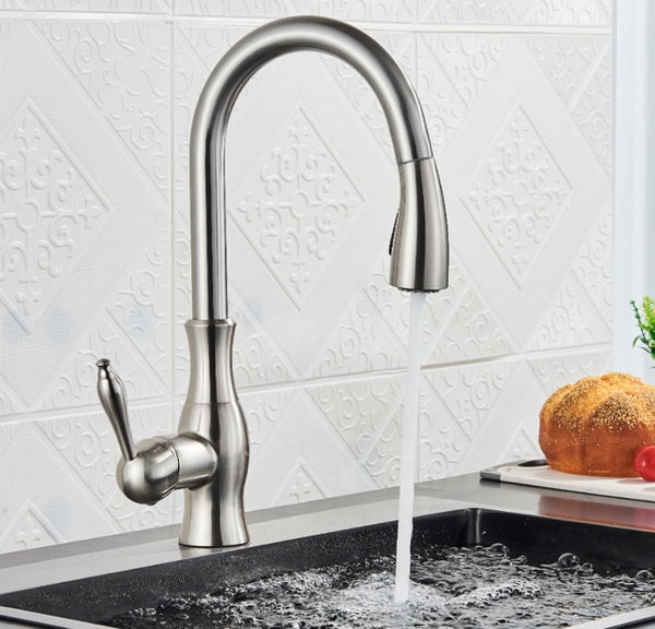 #1594 BRUSHED NICKEL PULL-OUT KITCHEN FAUCET WITH DUAL SPRAY HEAD