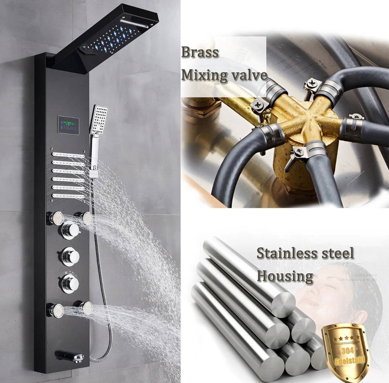 #1276 Black Stainless Steel LED Shower Panel 5-Funtion Tower Rain&Waterfall Massage Jets System Mixer