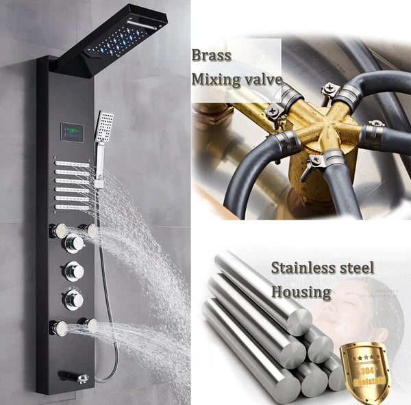 #1276 Black Stainless Steel LED Shower Panel 5-Funtion Tower Rain&Waterfall Massage Jets System Mixer