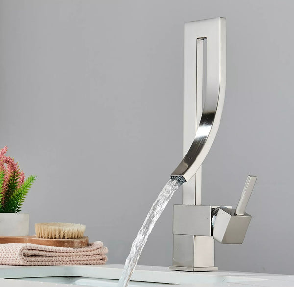 #1474 BRUSHED NICKEL HIGH ARC WATERFALL VANITY FAUCET