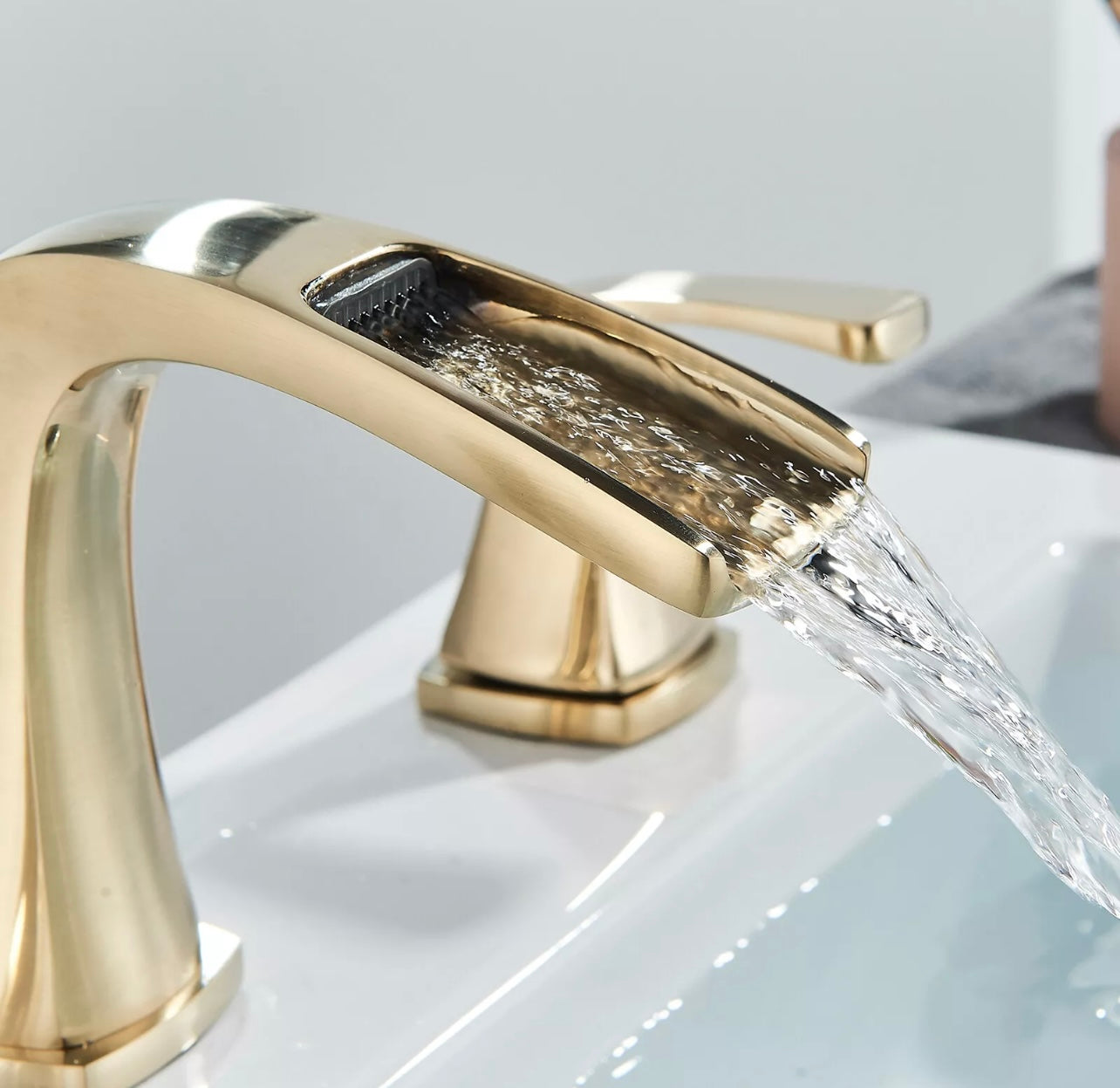 Brushed gold widespread/8-inch waterfall vanity faucet