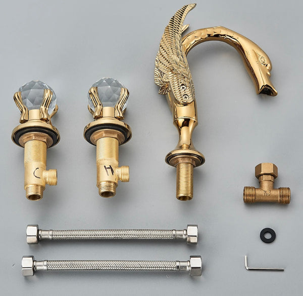 #1414 GOLD SWAN 8 INCH WIDESPREAD WITH 2 CRYSTAL KNOBS WATERFALL SPOUT VANITY FAUCET