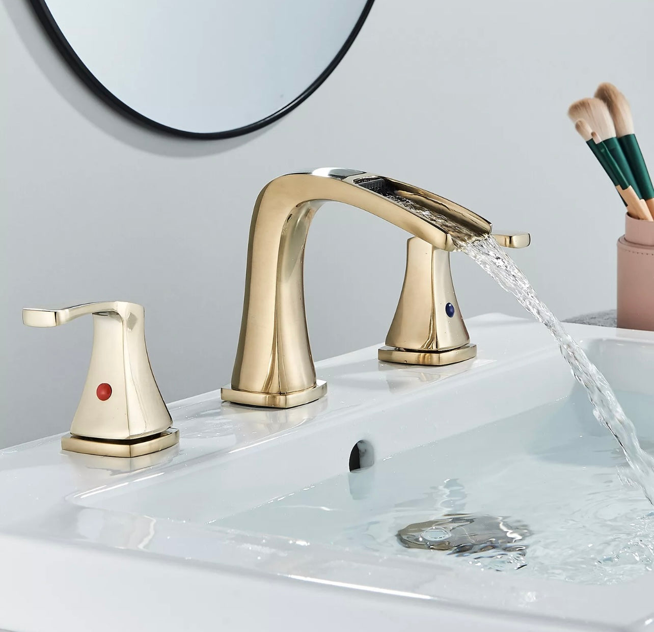 Brushed gold widespread/8-inch waterfall vanity faucet