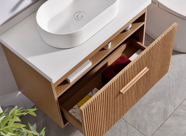 #1707 SG9238 31-Inch Wood Stripe Floating Vessel Sink Vanity Set with LED Mirror
