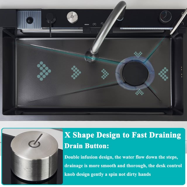 #1542 STAINLESS STEEL SMART LCD TEMP KITCHEN SINK COMBO WITH TAP WATER PULL-OUT FAUCET + PURIFIED WATER FAUCET, SOAP DISPENSER, GLASS RINSER & MULTIPLE ACCESSORIES 29.5”