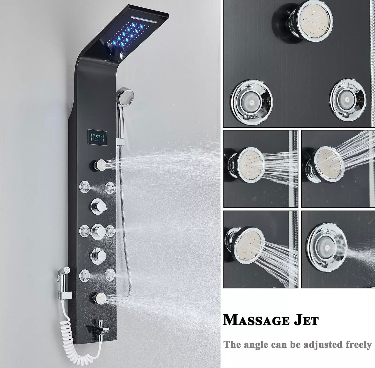 #1283 BLACK STAINLESS STEEL LED 7-FUNCTION SHOWER PANEL RAIN, WATERFALL & JETS