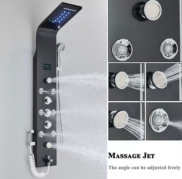 #1286 BLACK STAINLESS STEEL LED 6-FUNCTION SHOWER PANEL RAIN, WATERFALL & JETS