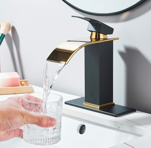#1477 TWO TONE, BLACK & GOLD WATERFALL SPOUT VANITY FAUCET