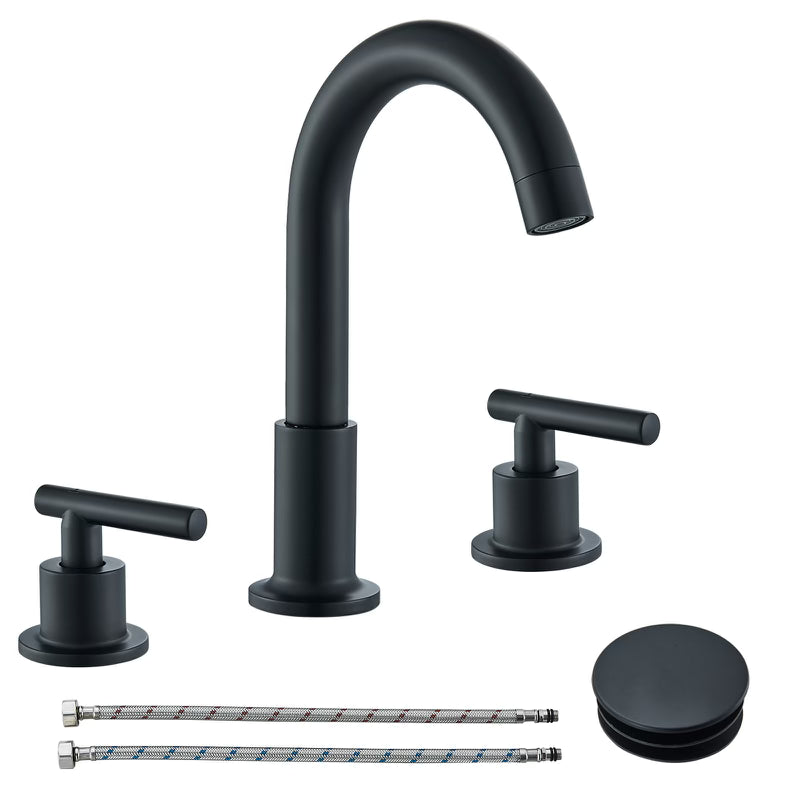 Matte black 3 holes 2 handle waterfall vanity faucet + popup drain