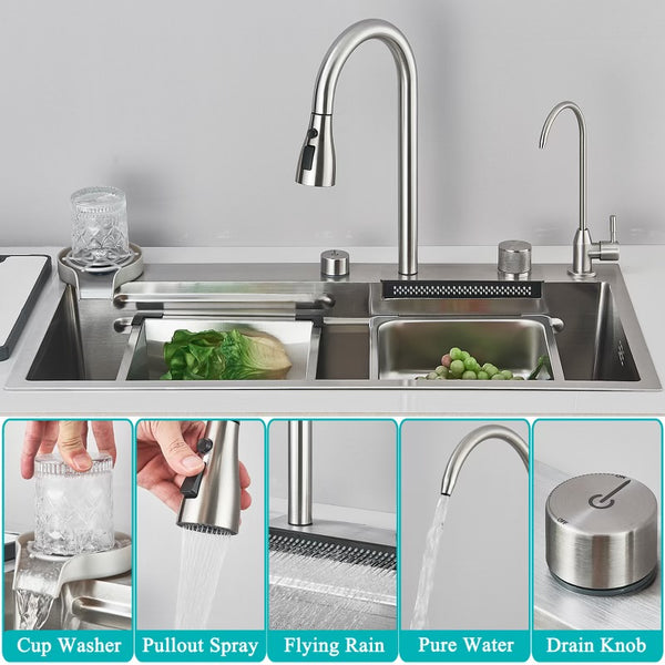 #1543 STAINLESS STEEL KITCHEN SINK COMBO WITH TAP WATER PULL-OUT FAUCET + PURIFIED WATER FAUCET, GLASS RINSER & MULTIPLE ACCESSORIES 31.5”