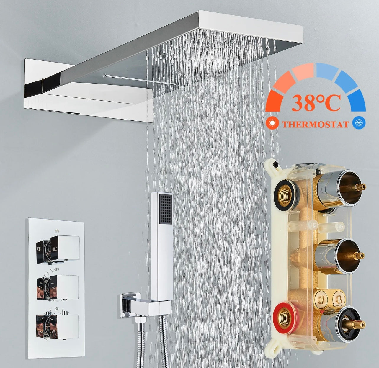 Chrome 2 function rain & waterfall shower head thermostatic mixer shower set