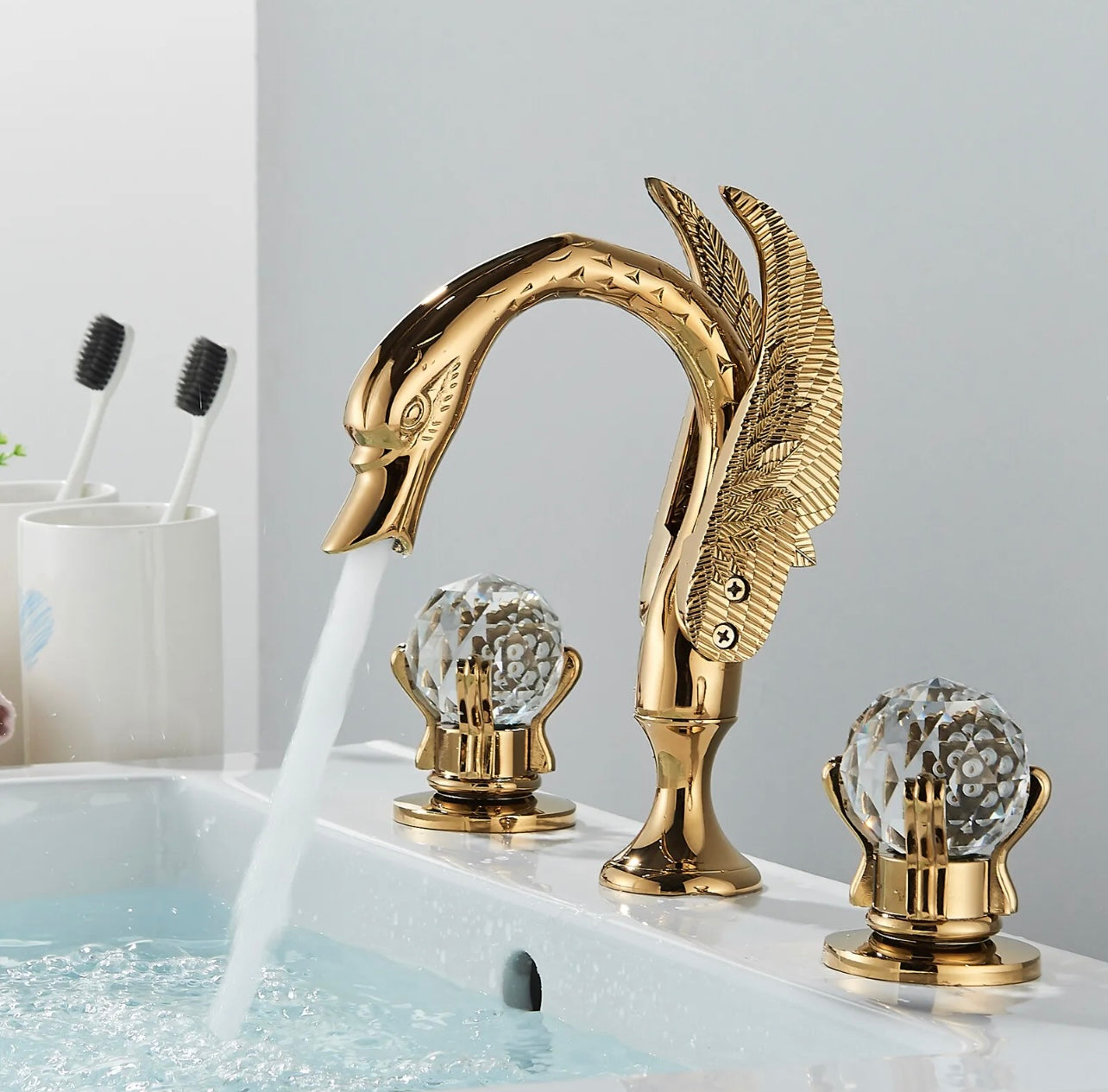 Gold Swan 2 Handle Crystal Knobs 3 Holes Waterfall Spout Vanity Faucet