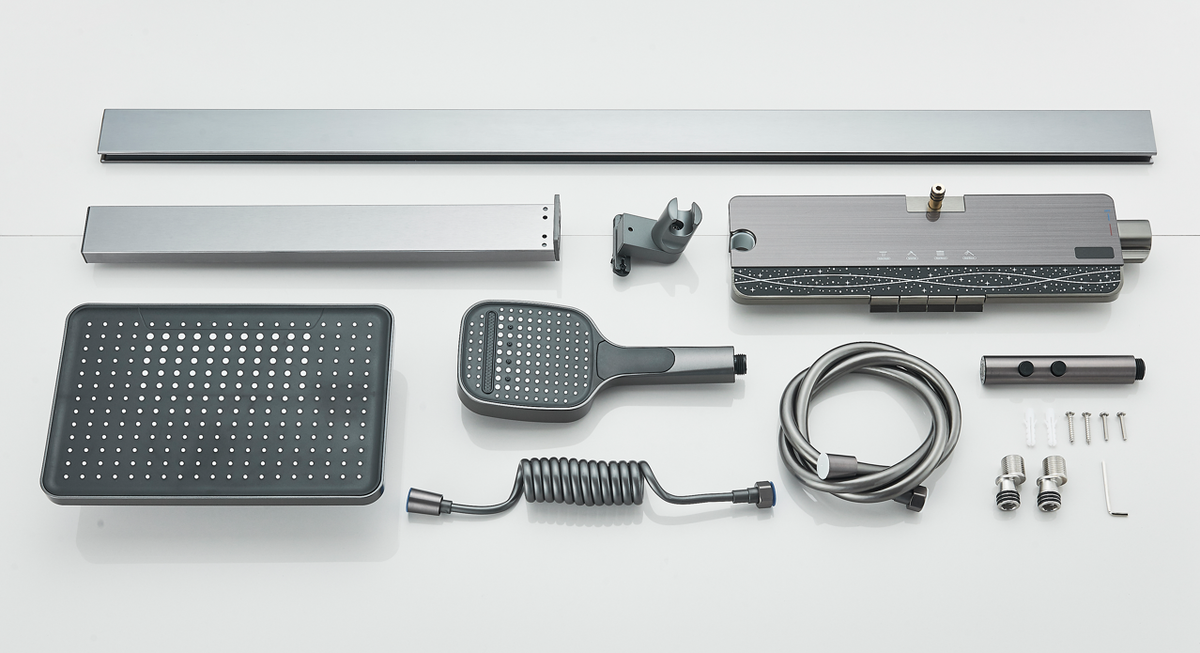 #1183 Matte Grey 4-in-1 Exposed Shower System with LCD Temperature Display with Piano Keys