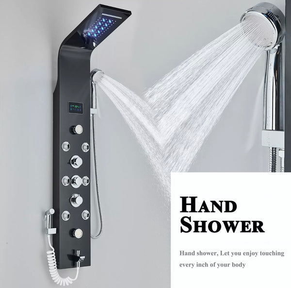 #1286 BLACK STAINLESS STEEL LED 6-FUNCTION SHOWER PANEL RAIN, WATERFALL & JETS