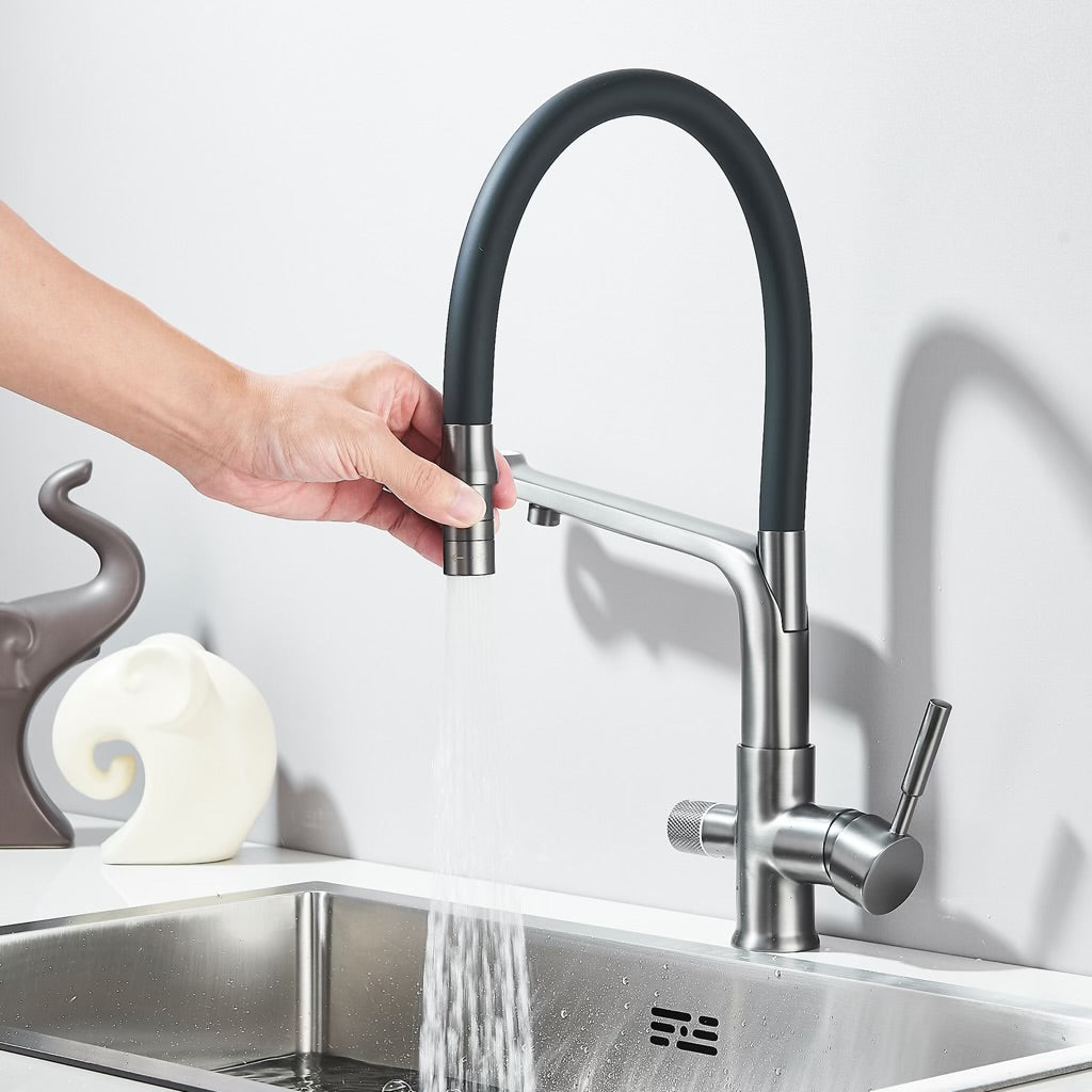 #1547 MATTE GRAY PULL-DOWN  DUAL SPRAY-HEAD TAP WATER + PURIFIED WATER KITCHEN FAUCET
