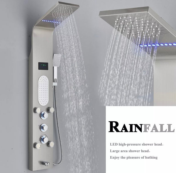#1280 BRUSHED NICKEL 5 FUNCTION RAINFALL & WATERFALL LED SHOWER PANEL TOWER MASSAGE SPRAY SYSTEM