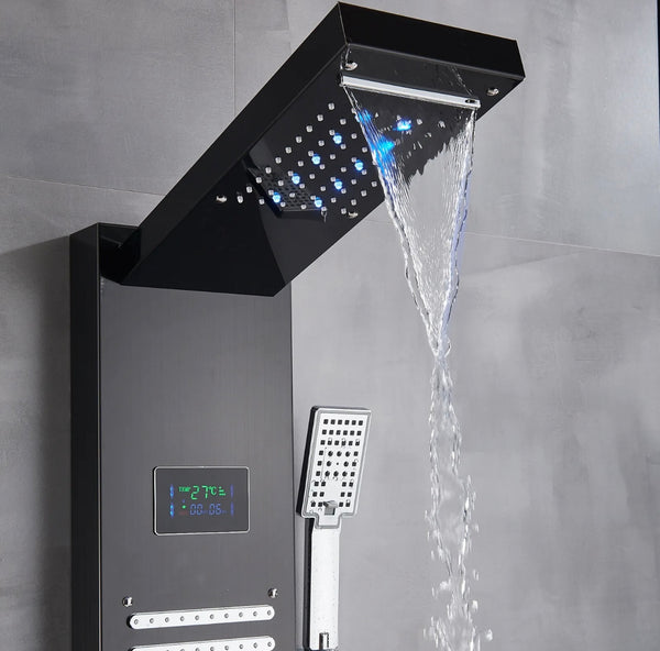 Stainless Steel LED Shower Panel 5-Funtion Tower Rain&Waterfall Massage Jets System Mixer