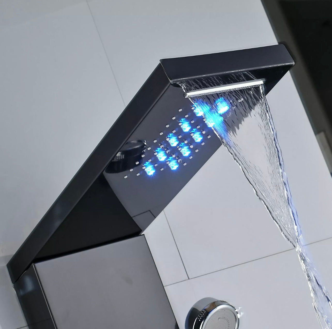 Black 6 function Shower Panel  System LED Rain & Waterfall Head Combo Massage Jets Mixer