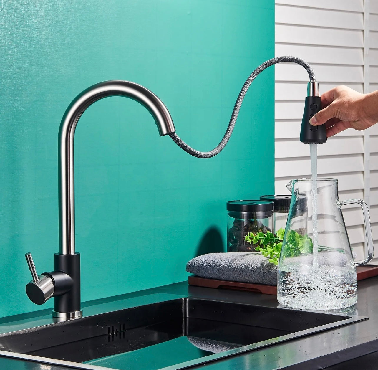 Stainless steel + black pull out kitchen faucet